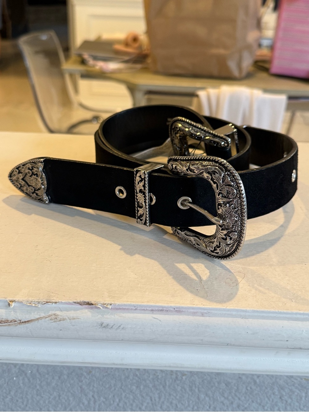 Forever 21 Black Belt with Ornate Silver Western Buckle